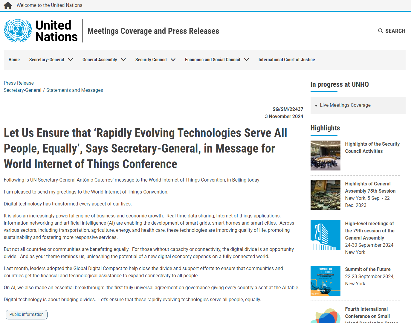 The Official Website of the United Nations Releases UN Secretary-General António Guterres’s Speech to the World Internet of Things Convention 2024